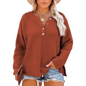 Plus Size Sweater Womens Casual Long Sleeve V Neck Button Pullover Knit